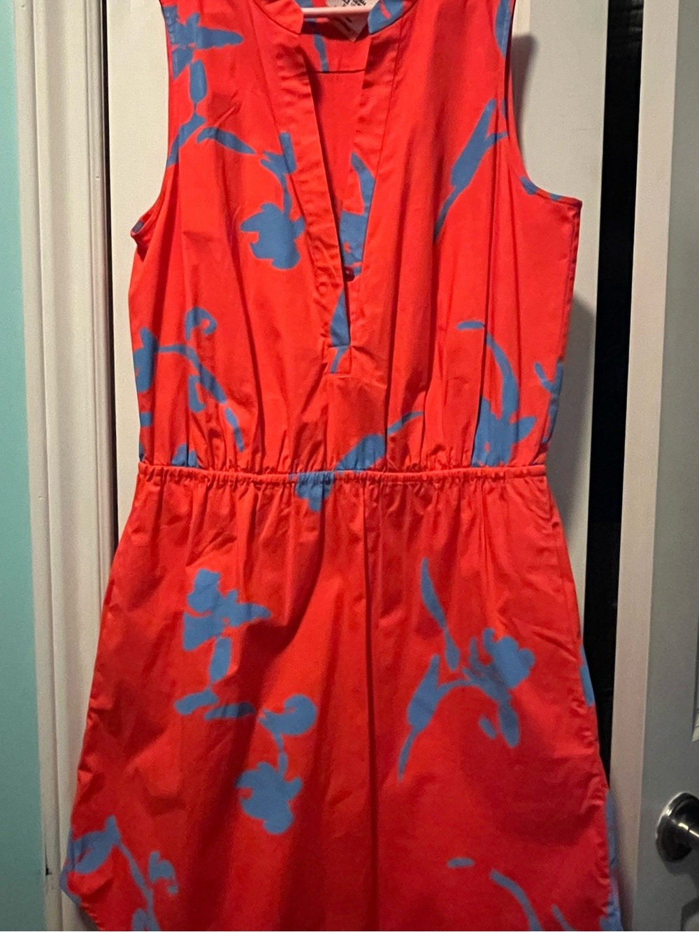 Tory Burch Crisp Cotton Vibrant Orange Dress with Blue Floral Motif NWOT